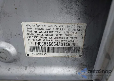 2004 Honda Accord 2.4 Ex z USA, uszkodzony, nr VIN 1HGCM56654A014620
